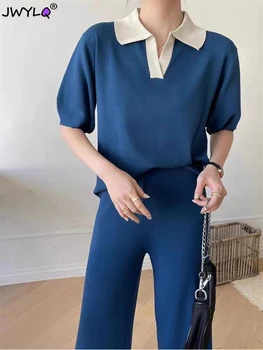 Корейски модерен пуловер с яка-поло хитового цвят топ с къс ръкав + широки панталони, трикотажни комплекти от 2 теми, дамски летни тънки панталони, комплекти