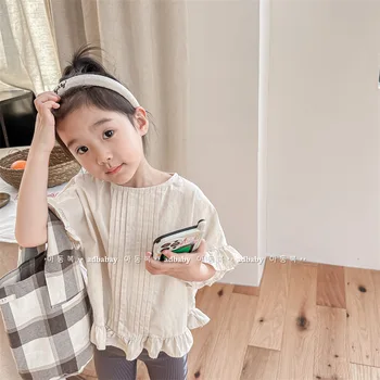 Корейски Стил 2023, нови Летни ризи за деца от промит памук, с пищни ръкави за малки момичета, детски Дрехи, блузи с къс ръкав, Детски Блузи