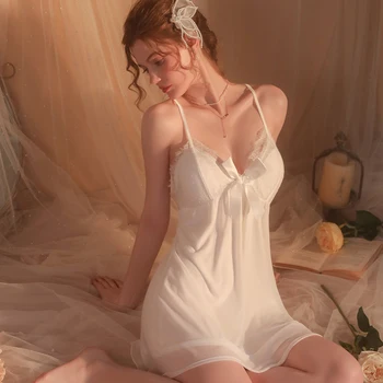 Красиво Бяло дамско секси бельо, бельо булката, нощна пижама, халат за баня, секси еротична рокля-комбинация с дълбоко V-образно деколте, риза за момичета