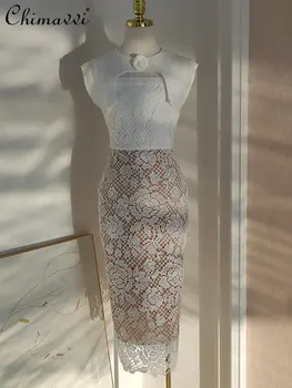 Лейси бродерия във френски стил, открита писта, съраунд цвете, приталенное рокля с цепка за жени 2023, пролет-лято, ново