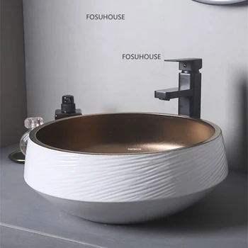 Лека луксозна керамична мивка за баня, Мини-арматура за баня, Кръгла мивка с метална глазура, Креативен дизайн, плот за измиване