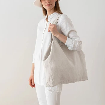 Ленени торбички за пазаруване Retri за жени, торби за Многократна употреба за подробности голям капацитет, сгъваеми женски пътни плажни чанти за рамо