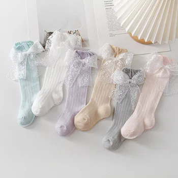 Летни дрехи за деца, новите детски чорапи с голям лък за момичета, меки памучни дантелени чорапи до коляното чорапи от 100% памук с лък