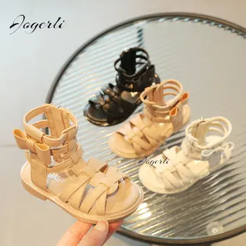 Летни Нови римски сандали за момичета с бантиком-пеперуда, лека детски обувки на равна подметка, тканая обувки принцеса подметка
