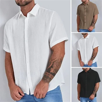 Летни памук спално бельо, мъжки ризи с къс ръкав, обикновена ежедневни ризи с отложным яка в стил почивка на плажа, мъжки градинска облекло 2023