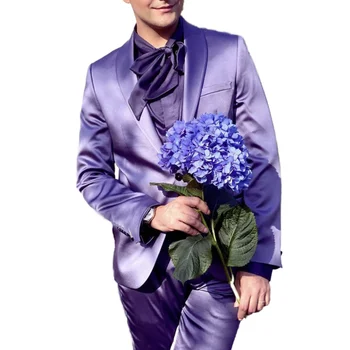 Лилави сатенени мъжки костюми, яке Slim Fit 2 броя/Модерен блейзър за сватба, Комплект за младоженеца/Костюм Homme, Сшитое на поръчка Палта, Панталони, Облекло