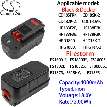 Литиево-йонна батерия Cameron Sino 4000 ма 18,0 за Black & Decker NPP2018, NPT3118, NS118, NST1810, NST2018, BD18PSK, FS188F4