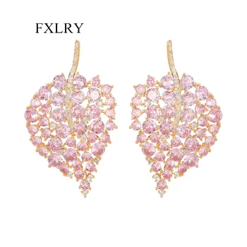 Луксозни обеци FXLRY с розов кубическим цирконием под формата на Голям широк Лист за Жени, луксозни булчински бижута