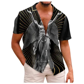 Лятна мъжка риза, памучни обикновена риза специален дизайн за мъже casual свободен топ с къс ръкав, мъжки градинска облекло Y2k Camisa