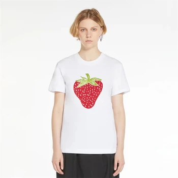 Лятна нова женска тениска с кръгло деколте от чист памук с бродерия ягоди и къси ръкави y2k, модерен свободен топ с пайети на високо улицата