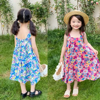 Лятна рокля без ръкави, с хубав цветен принтом за момичета 2023 г., два цвята