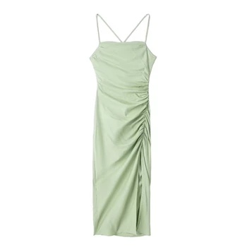 Лятното ново дебнещ рокля на подтяжках с деколте, с една дума, плисета на гърба, намаляване, светло зелено дълга пола