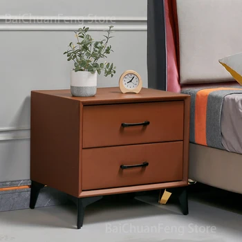 Малка странична масичка е Просто модерно дърво Изискани нощни шкафчета Скандинавски метални мебели За Спалня Лесен шкаф за съхранение на Кожена нощно шкафче