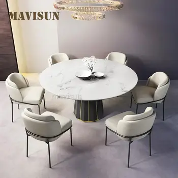 Маса с въртящ се плот от черен камък и мрамор в скандинавски стил, трапезни столове в кънтри стил на 8 души, ресторанная мебели