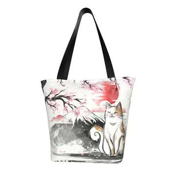 Множество Японската Сакура, Скъпа Чанта За Пазаруване с Котка, Женска Холщовая Чанта-Тоут на Рамото, Здрави Торбички За Пазаруване с Цветен Модел