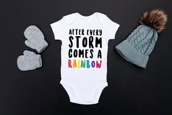 Мода на дрехи за малки момичета и момчета, След всяка буря се Появява дъга, детски дрехи, Бебешко боди с преливащи се цветове, Реклама за бременността