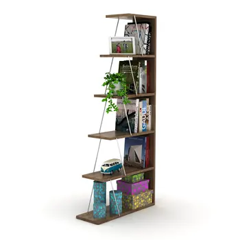 Модерен 5-ярусная Стълбищна лавица за книги, Тясна лавица за книги за малки помещения, шкафове за офис мебели, Орех/ Хром, 7 