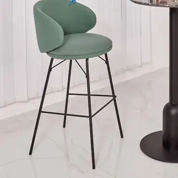 Модерен бар стол с облегалка, Малък семеен луксозен стол, скандинавски мек бар стол с кожена чанта, висок стол