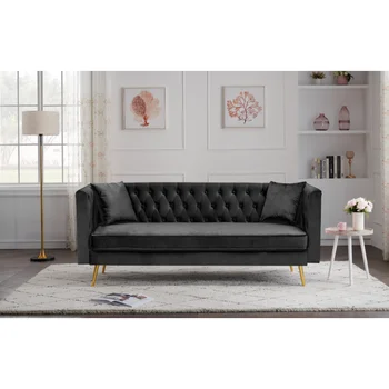 Модерен диван за хол с плосък подлакътник, черен триместен диван с две възглавници от черно кадифе [в наличност в САЩ]