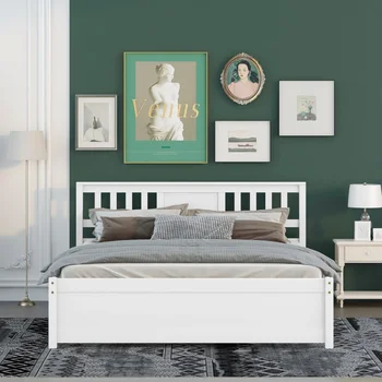 Модерен дизайн, дървена платформа, рамка на легло Queen-size с таблата от бял бор бял цвят [В наличност в САЩ]