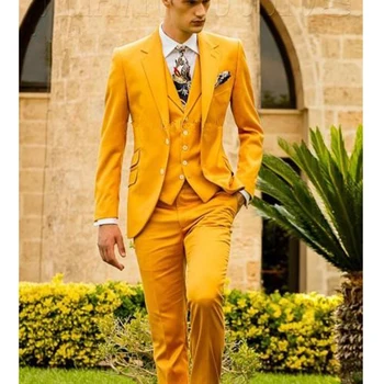 Модерен мъжки костюм от 3 теми за официалната сватба, смокинг, златна оборудвана отвор на вратата, младоженецът, мъжки уникален бизнес