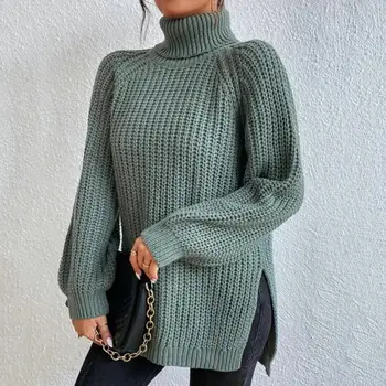 Модерен пуловер, пуловер със средна дължина, дамски пуловер с цепка отстрани, универсален женски монофонични основен пуловер, жилетка