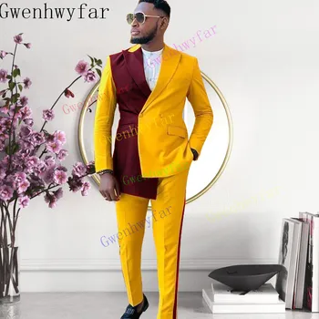 Модерен сватбен костюм Gwenhwyfar За мъже, Жълто, Оборудвана, 2 броя (сако + панталон, Изработена по поръчка, Плюс Размера на Официален Смокинг за Кума, шаферки