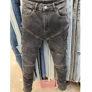Модерни маркови мъжки дънкови стрейчевые ретро стегнати дънкови панталони с прав штанинами, мъжки скъсаните джинси с дупки, за измиване, мотоциклетни панталони