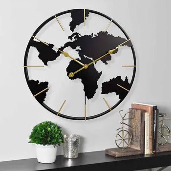 Модерните стенни часовници и за декорация на верандата, карта на света, кръгли железни модерен стенен часовник