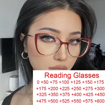 Модни Метални Очила За Четене С Червено Кошачьим Око, Луксозни Дамски Слънчеви Очила В Голяма Рамка, Прозрачни Компютърни Очила, Анти-Синя Светлина, Очила За Далекогледство