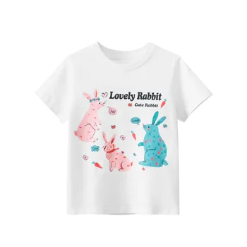 Модни сладки тениски с къс ръкав за по-големи момичета Лято 2023, върхове с анимационни зайче за по-младите момичета, детски бяла спортна риза 12 години