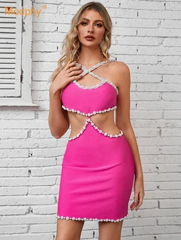 Модно дамско луксозно рокля с тънки спагети презрамки с перлата на мъниста и отворен гръб, клуб на известни личности, розово-червено, без ръкави, секси мини рокля бандажное