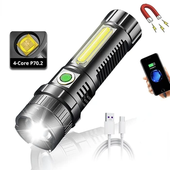 Мощен фенер LED XHP70.2 USB акумулаторна COB-фенерче, водоустойчив фенер с увеличение и дисплей мощност, супер ярка светлина 26650