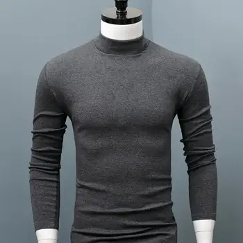 Мъжка риза, обикновен есенен топ с висока яка, ежедневни мъжки базова риза с дълъг ръкав, еластична мъжки топ с защитени от свиване за ежедневието