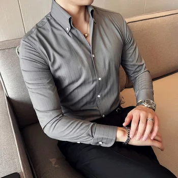 Мъжка риза райе с джоб, ризи с дълъг ръкав, универсална приталенная риза с корейски принтом, ежедневни бизнес ризи от нетъкани текстилни материали
