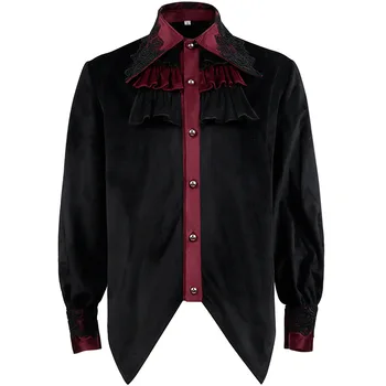 Мъжка черна лейси средновековна риза, пират вампирский Възраждането, във викториански стил steampunk, готически ризи с волани, мъжки дрехи, за парти на Хелоуин