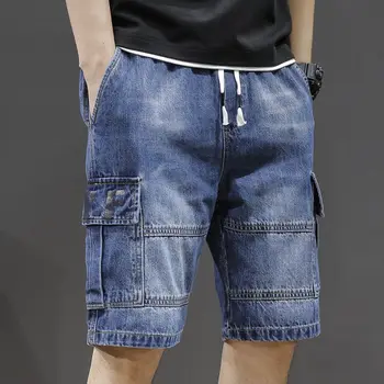 Мъжки Дънкови къси панталони, директни дънкови шорти, дънки с много джобове, добро качество, мъжки свободни ежедневни къси дънки с дължина до коляното