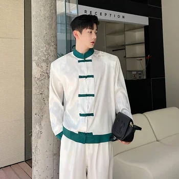Мъжки ежедневни ризи SYUHGFA, висококачествени блузи с дълъг ръкав и яка-часова китайски стил, мъжки модерен жилетка в стил мозайка в контрастен цвят