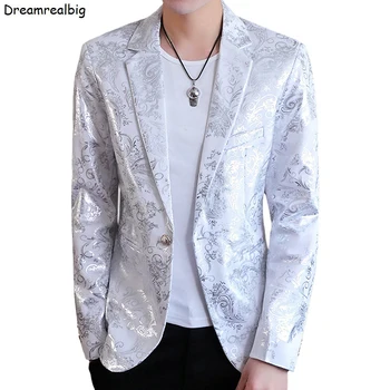 Мъжки ежедневни сако в стил пънк сребро с флорални горещо, отпечатан върху една пуговице, пролетта оборудвана яке и лацканом, бял/черен