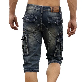 Мъжки модни дънкови шорти-карго с много джобове, плътно прилепнали дънкови къси панталони в стил милитари за мъже, выстиранные