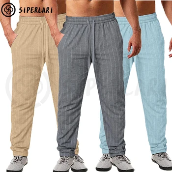 Мъжки панталони, къси панталони от памук и лен, панталони с дишаща еластична гумена лента на кръста, прости ежедневни реколта панталони на райета, лятна мъжки дрехи