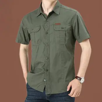 Мъжки ризи с къси ръкави, памук, лен, летни обикновена риза с отложным яка, бързосъхнеща ежедневни однотонная риза, мъжка работна риза с джобове