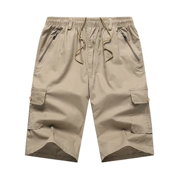 Мъжките ежедневни панталони са от 100% памук, мъжки плажни къси панталони с много джобове, еластичен колан, свободни, прави, с дължина до коляното, Безплатна доставка