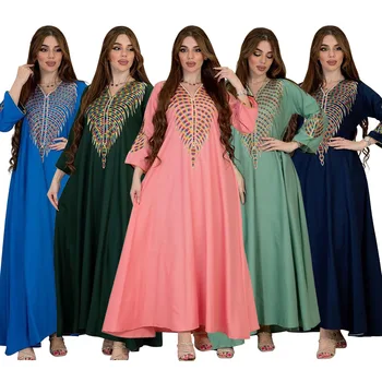 Мюсюлманската рокля в Близкия Изток, арабската дамски дрехи, модни цветни халати за баня с бродерия, дълги ръкави, Дубай, Абая, Джалабия
