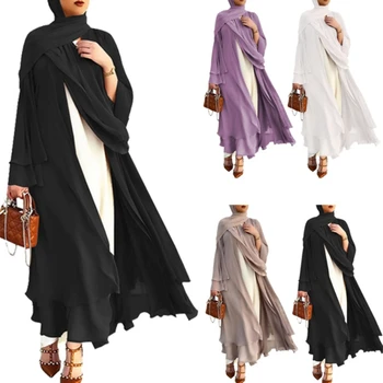 Мюсюлмански струящийся макси-жилетка с дълъг ръкав, ислямското кимоно с отворена предна част, халат Абайя, турски кафтан, однотонное свободно рокля с колан