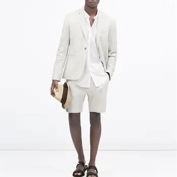 Най-новите модели Палта и панталони в Кремаво-Бял Мъжки Костюм С Къси Ленени Панталони Ежедневни Летни Плажни Костюми Slim Fit Смокинг от 2 части Terno Vestidos