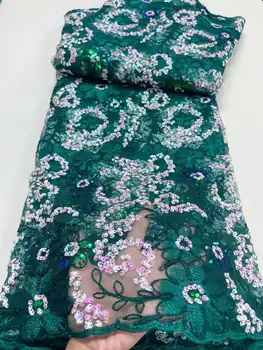 Най-новият дизайн на зелена африканска дантела 2023, Френска нигерийская лейси плат, Висококачествено женствена рокля от тюл с пайети