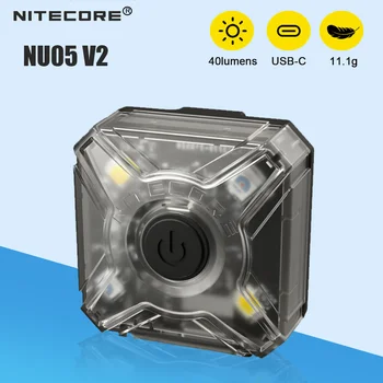 Налобный фенер NITECORE NU05 V2, 40 лумена, акумулаторна фаровете USB-C, червен, бял, с двоен източник на светлина, лека външна сигнална лампа