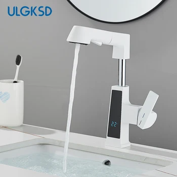 Нов LCD смесител за мивка в банята, месинг смесител за мивка, бяла Кран с голям екран, батерия за мивка, смесители с една дръжка, с кран на бортике