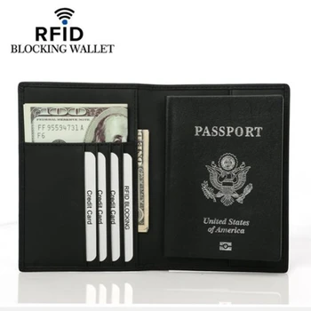 Нов портфейл за паспорт, БЛОКИРАНЕ на RFID, натурална коровья кожа, кожени корици за паспорти, Защита от кражба на лични данни, държач за карти, мъжки портмонета